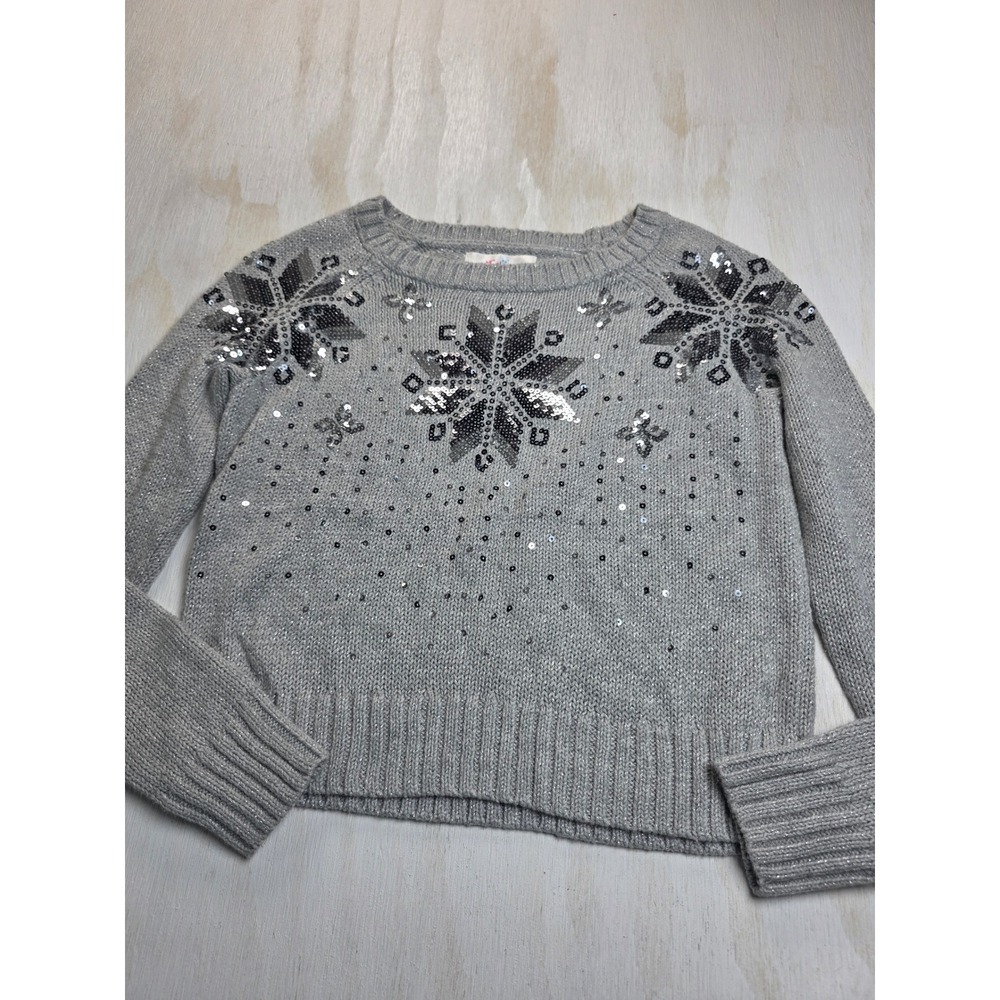 Justice Girls Gray Sequin Snowflake Sweater Size 10 Metallic Knit Holiday Y2K